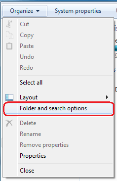 Windows Explorer, Organize, Folder and Search Options